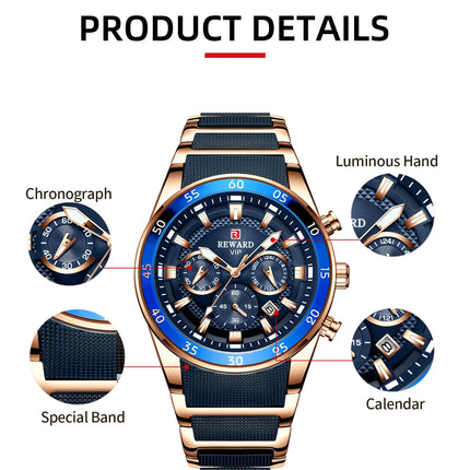 REWARD New Sport Watches for Men Fashion Stainless Steel Quartz Watches Waterproof Chronograph Wrist Watches Male