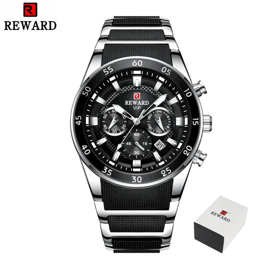 REWARD New Sport Watches for Men Fashion Stainless Steel Quartz Watches Waterproof Chronograph Wrist Watches Male