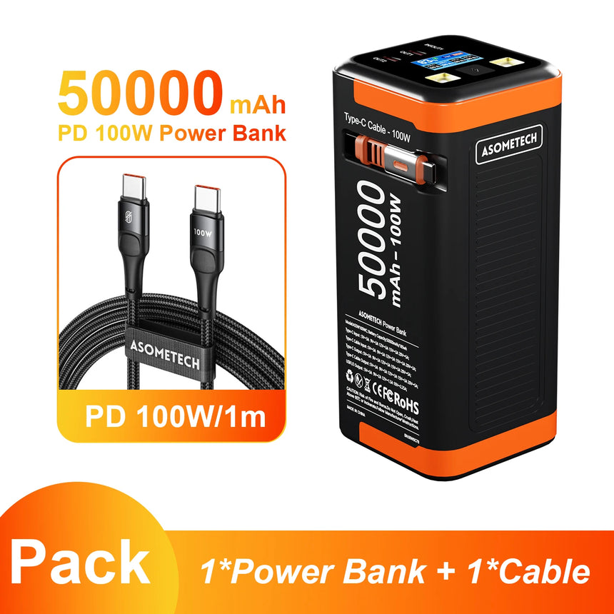 Power Bank 50000mAh 100W PD PPS Super Fast Charging Portable Spare Battery Type-C Retractable Cable Powerbank For Phone Laptop