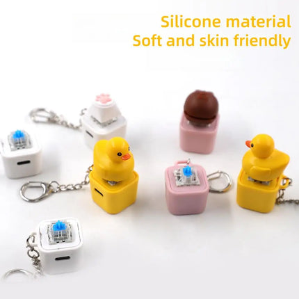 Rechargeable Cartoon Yellow Duck Shaft Tester Keychain With LED Light Fidget Button Finger Toys Fun Keyboard Toy Gifts