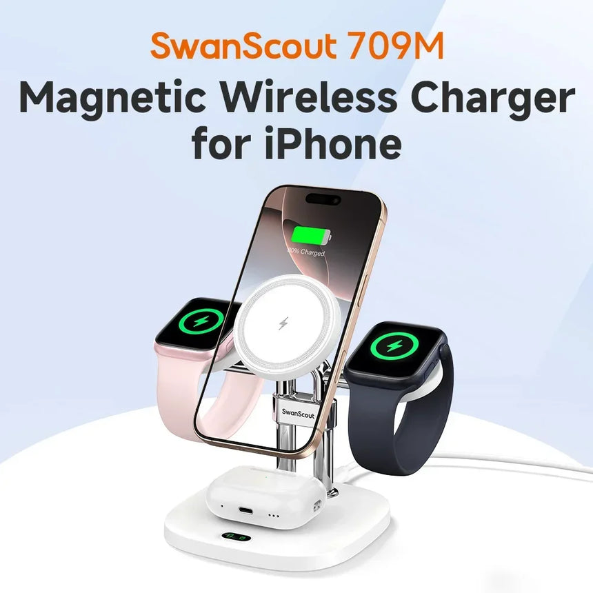 SwanScout 709M Dual Charger Stand for Apple Watch 11 10 9 Ultra 3 SE 2 Magnetic Wireless Charger for iPhone 17 16 15 for AirPods