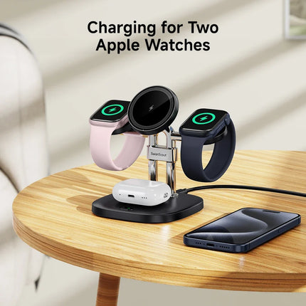 SwanScout 709M Dual Charger Stand for Apple Watch 11 10 9 Ultra 3 SE 2 Magnetic Wireless Charger for iPhone 17 16 15 for AirPods