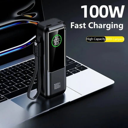 New 100W Super Fast Charging Power Bank with Built-in Cable High Capacity Portable Charger for Laptops Mobile Phones Tablets