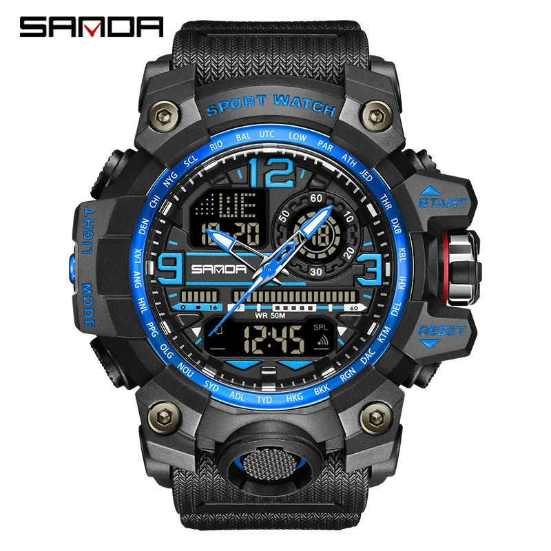 SANDA 3133 Men Electronic Watch Trendy Fashion Sport Date Waterproof Pointer Digital Analog Dual Display Wrist Watch for Student