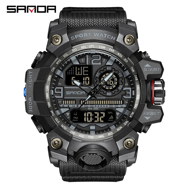 SANDA 3133 Men Electronic Watch Trendy Fashion Sport Date Waterproof Pointer Digital Analog Dual Display Wrist Watch for Student