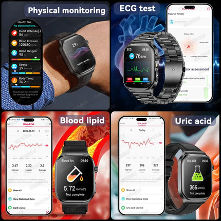 2026 New 2.04" AMOLED Screen Health Care Smart Watch Uric Acid Blood Fat ECG+PPG Blood Pressure Voice Call Smartwatchs Men Women