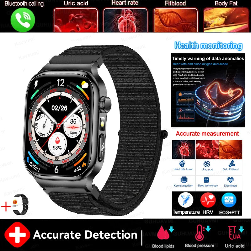 2026 New 2.04" AMOLED Screen Health Care Smart Watch Uric Acid Blood Fat ECG+PPG Blood Pressure Voice Call Smartwatchs Men Women