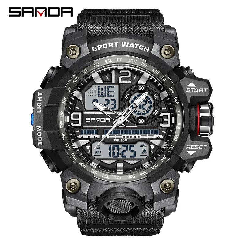 SANDA 3133 Men Electronic Watch Trendy Fashion Sport Date Waterproof Pointer Digital Analog Dual Display Wrist Watch for Student