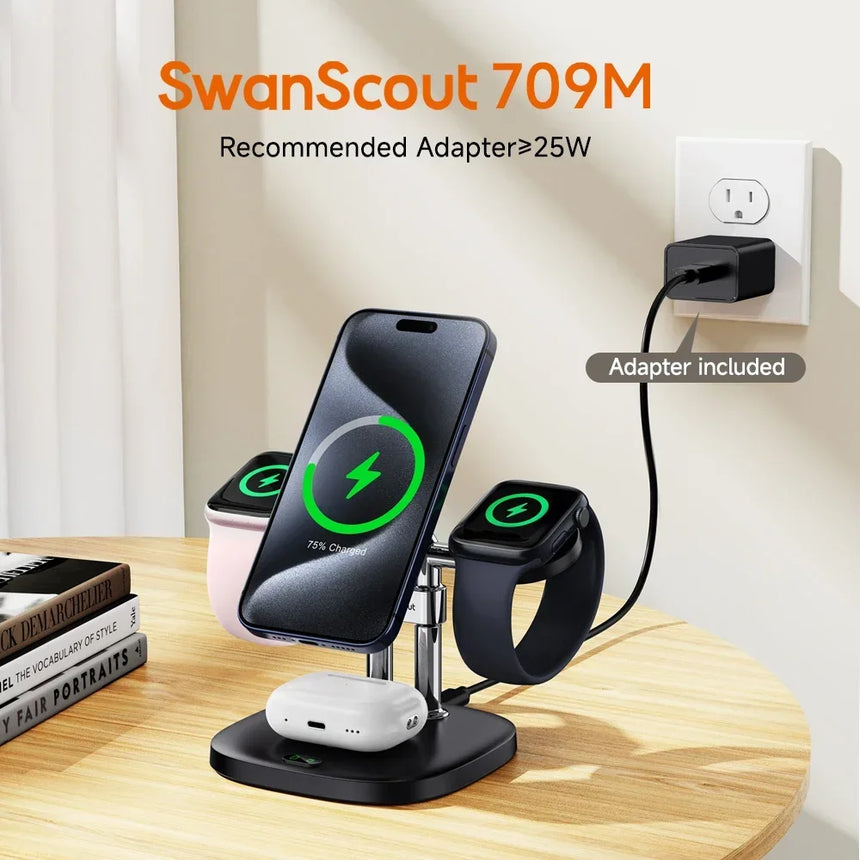 SwanScout 709M Dual Charger Stand for Apple Watch 11 10 9 Ultra 3 SE 2 Magnetic Wireless Charger for iPhone 17 16 15 for AirPods