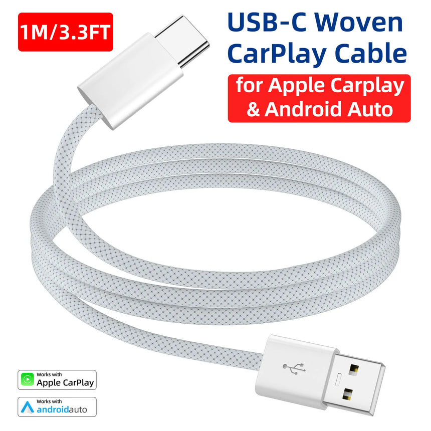 USB A to USB C Woven Cable Car CarPlay Android Auto Data Transfer Car to Phone Audio Charge Cord for iPhone 15 16 17 Samsung