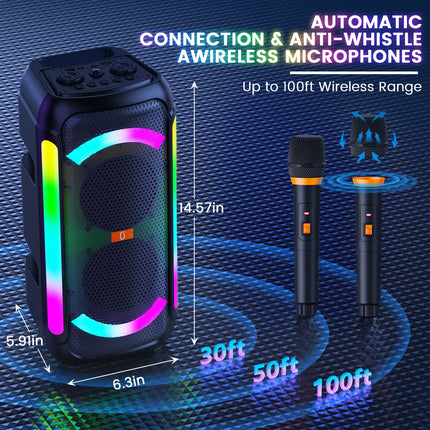JYX Karaoke Speaker with 2 Wireless Microphones,Portable Bluetooth, DJ Lights, Powerful Sound with Strong Bass,Ideal for Parties