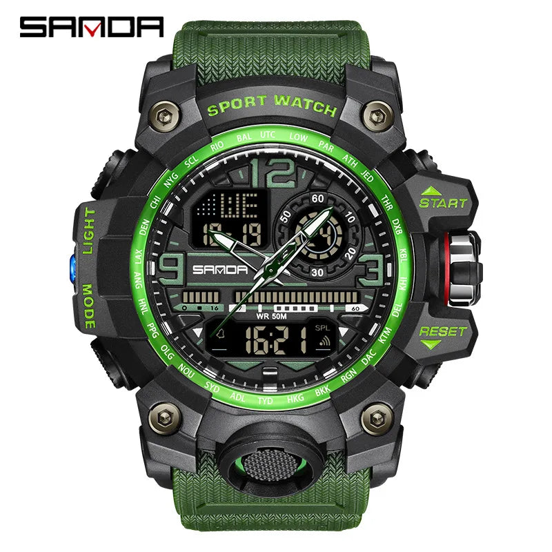 SANDA 3133 Men Electronic Watch Trendy Fashion Sport Date Waterproof Pointer Digital Analog Dual Display Wrist Watch for Student