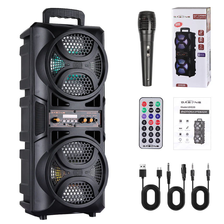 3000W Dual 6.5 Inch Wireless Bluetooth Speaker Outdoor High-Volume Portable Subwoofer Sound System with Microphone LED FM AUX TF