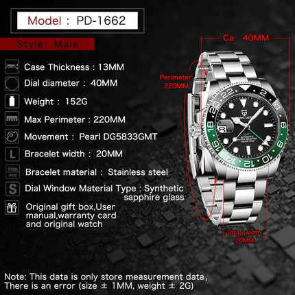 PAGANI DESIGN New 40MM Men's GMT Watch Luxury Sapphire Automatic Mechanical Hand Stainless Steel 100M Waterproof Watch